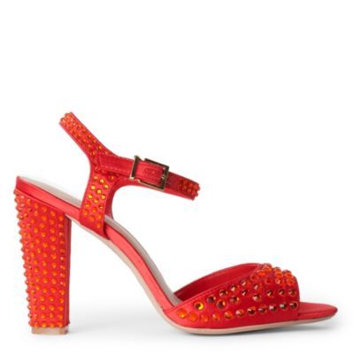 Gripping Gem Embellished Sandals - predominant colour: true red; material: satin; heel height: high; embellishment: crystals, jewels, studs; ankle detail: ankle strap; heel: block; toe: open toe/peeptoe; style: standard