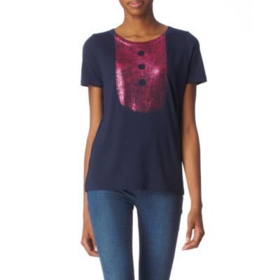 Metallic T Shirt - neckline: round neck; pattern: lightly patterned, print, metallic, patterned/print; bust detail: added detail/embellishment at bust, contrast pattern/fabric/detail at bust; style: t-shirt; predominant colour: navy; occasions: casual; length: standard; fibres: cotton - mix; material texture: jersey; fit: body skimming; trends: brights; sleeve length: short sleeve; sleeve style: standard; pattern type: fabric; pattern size: small & light; texture group: jersey - stretchy/drapey