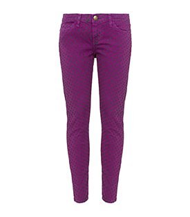 The Stiletto Jeans - style: skinny leg; pattern: print, small polka dot, polka dot, patterned/print; pocket detail: traditional 5 pocket; waist: mid/regular rise; predominant colour: purple; occasions: casual; length: ankle length; fibres: cotton - stretch; material texture: denim; trends: prints, brights; texture group: denim; pattern type: fabric; pattern size: small & busy