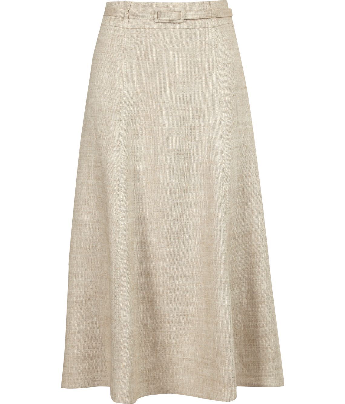 Women's Natural Linen Skirt, Cream - length: below the knee; pattern: plain; fit: loose/voluminous; waist detail: fitted waist, belted waist/tie at waist/drawstring; waist: high rise; hip detail: fitted at hip, structured pleats at hip, soft pleats at hip/draping at hip/flared at hip; predominant colour: ivory; occasions: casual, work, occasion; style: a-line; fibres: linen - mix; material texture: jersey; pattern type: fabric; pattern size: standard; texture group: jersey - stretchy/drapey