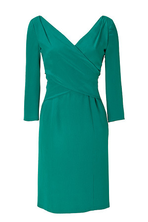 Emerald Three Quarter Sleeve Silk Dress - style: shift; length: mid thigh; neckline: low v-neck; pattern: plain; waist detail: fitted waist; back detail: cowl/draping/scoop at back; hip detail: fitted at hip; predominant colour: emerald green; occasions: evening, occasion; fit: body skimming; fibres: silk - 100%; sleeve length: 3/4 length; sleeve style: standard; pattern type: fabric; pattern size: standard
