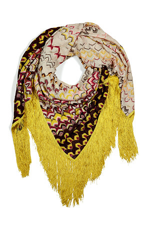 Nude Multicolor Lemon Fringed Scarf - predominant colour: yellow; type of pattern: heavy; style: regular; size: standard; material: fabric; embellishment: fringing; pattern: abstract, graphic print, patterned/print