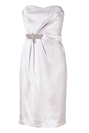 Silver Strapless Silk Dress - length: mid thigh; sleeve style: strapless; waist detail: fitted waist, embellishment at waist/feature waistband, belted waist/tie at waist/drawstring, narrow waistband; style: strapless; neckline: sweetheart; hip detail: fitted at hip, ruching/gathering at hip; bust detail: ruching/gathering/draping/layers/pintuck pleats at bust; predominant colour: silver; occasions: evening, occasion; fit: body skimming; fibres: silk - 100%; material texture: satin; sleeve length: sleeveless; texture group: structured shiny - satin/tafetta/silk etc.; pattern type: fabric; pattern size: light/subtle; embellishment: beading