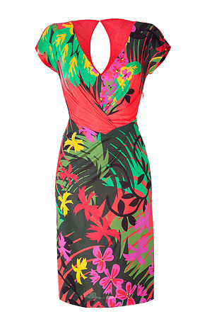 Multicolor Draped Jersey Dress - style: shift; neckline: low v-neck; pattern: heavily patterned, floral - busy, florals, patterned/print; waist detail: fitted waist, twist front waist detail/nipped in at waist on one side/soft pleats/draping/ruching/gathering waist detail; hip detail: fitted at hip; predominant colour: black; occasions: casual, evening, occasion; length: just above the knee; fit: body skimming; fibres: polyester/polyamide - 100%; material texture: jersey; trends: prints; sleeve length: short sleeve; sleeve style: standard; pattern type: fabric; pattern size: big & busy; texture group: jersey - stretchy/drapey