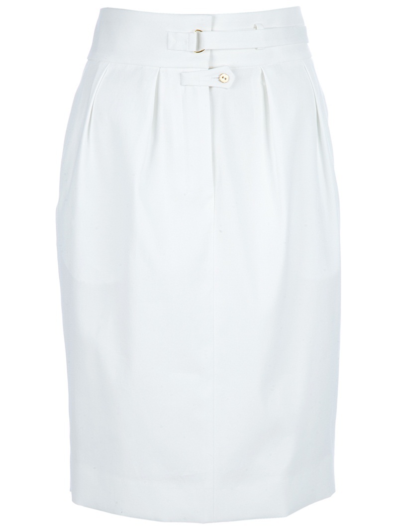 High Waist Skirt - pattern: plain; style: pencil; fit: tailored/fitted; waist detail: fitted waist, structured pleats at waist, belted waist/tie at waist/drawstring, narrow waistband; hip detail: side pockets at hip, fitted at hip; waist: high rise; predominant colour: white; occasions: evening, work; length: just above the knee; fibres: cotton - 100%; trends: white; pattern type: fabric; pattern size: standard