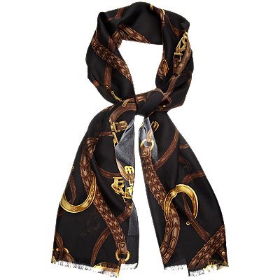 Anjali Horse And Buckle Scarf, Black - predominant colour: black; type of pattern: heavy; style: skinny; size: standard; material: silk; pattern: graphic print, patterned/print
