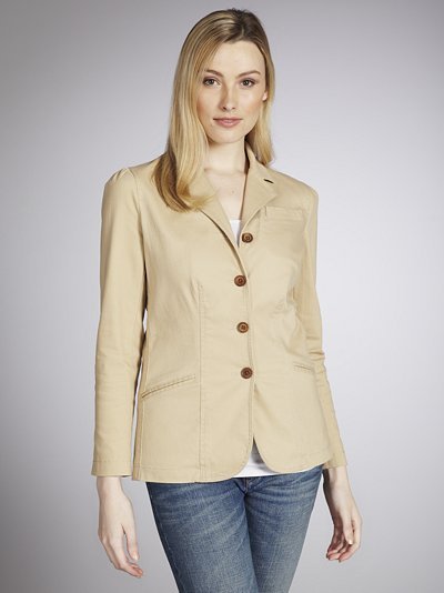 Rae Jacket, Sand - pattern: plain; style: single breasted blazer; hip detail: side pockets at hip, front pockets at hip; collar: standard lapel/rever collar; predominant colour: stone; occasions: casual, evening, work; length: standard; fit: straight cut (boxy); fibres: cotton - 100%; sleeve length: long sleeve; sleeve style: standard; collar break: medium; pattern type: fabric; pattern size: standard