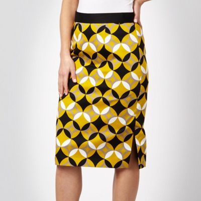 Dark Yellow Diamond Woven Skirt - length: below the knee; style: straight; fit: tailored/fitted; waist detail: fitted waist, narrow waistband; hip detail: fitted at hip; waist: mid/regular rise; predominant colour: yellow; occasions: casual, work; fibres: polyester/polyamide - stretch; material texture: satin; pattern: graphic print, patterned/print; trends: prints; texture group: structured shiny - satin/tafetta/silk etc.; pattern type: fabric; pattern size: standard