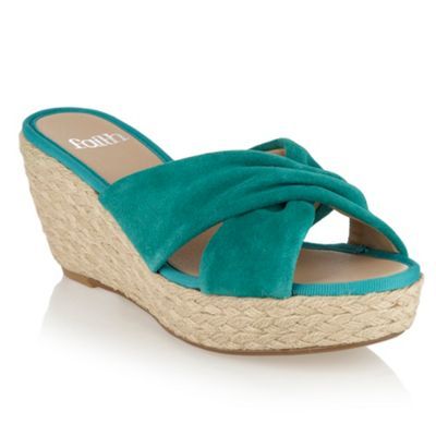 Bright Green Suede Strap Sandals - predominant colour: emerald green; material: suede; heel height: high; heel: wedge; toe: open toe/peeptoe; style: slides