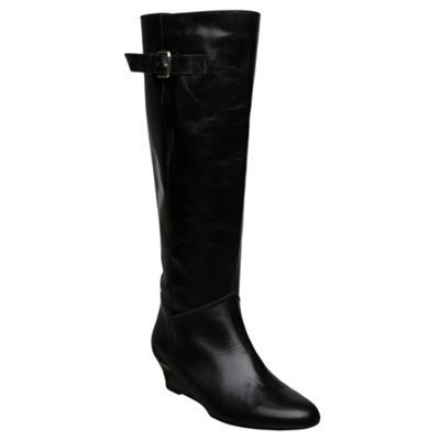 Black Low Wedge Single Sole H Bt - predominant colour: black; material: leather; heel height: mid; embellishment: buckles; heel: wedge; toe: round toe; boot length: knee; style: standard