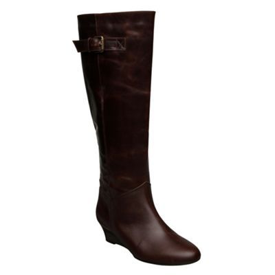 Brown Low Wedge Single Sole H Bt - predominant colour: chocolate brown; material: leather; heel height: mid; embellishment: buckles; heel: wedge; toe: round toe; boot length: knee; style: standard