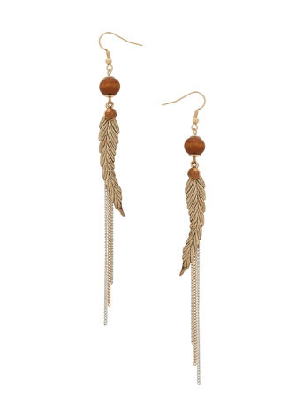 Gold Bead And Feather Earrings - predominant colour: gold; style: drop; length: long; size: small; material: chain/metal; fastening: pierced