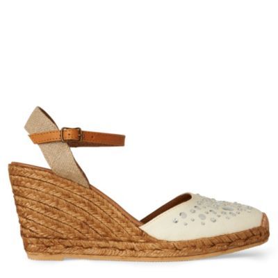 Pansy Wedge Sandal - predominant colour: ivory; material: fabric; heel height: mid; embellishment: buckles, crystals, jewels; ankle detail: ankle strap; heel: wedge; style: standard
