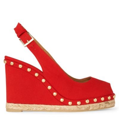 Uta Canvas Wedge Sandals - predominant colour: true red; material: fabric; heel height: high; embellishment: studs; ankle detail: ankle strap; heel: wedge; toe: open toe/peeptoe; style: slingbacks