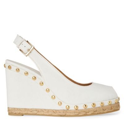 Uta Canvas Wedge Sandals - predominant colour: white; material: fabric; heel height: high; embellishment: studs; ankle detail: ankle strap; heel: wedge; toe: open toe/peeptoe; style: slingbacks