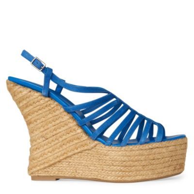 Gladis Wedge Sandals - predominant colour: royal blue; material: leather; heel height: high; ankle detail: ankle strap; heel: wedge; toe: open toe/peeptoe; style: strappy