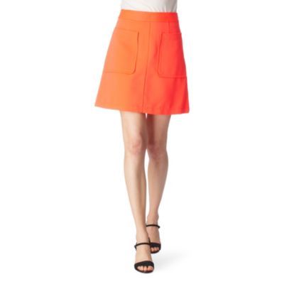 Esther Oxford Skirt - pattern: plain; fit: loose/voluminous; waist detail: fitted waist, narrow waistband; hip detail: front pockets at hip; waist: mid/regular rise; predominant colour: bright orange; occasions: casual, evening, work; length: just above the knee; style: a-line; fibres: polyester/polyamide - 100%; material texture: satin; trends: brights; texture group: structured shiny - satin/tafetta/silk etc.; pattern type: fabric; pattern size: standard