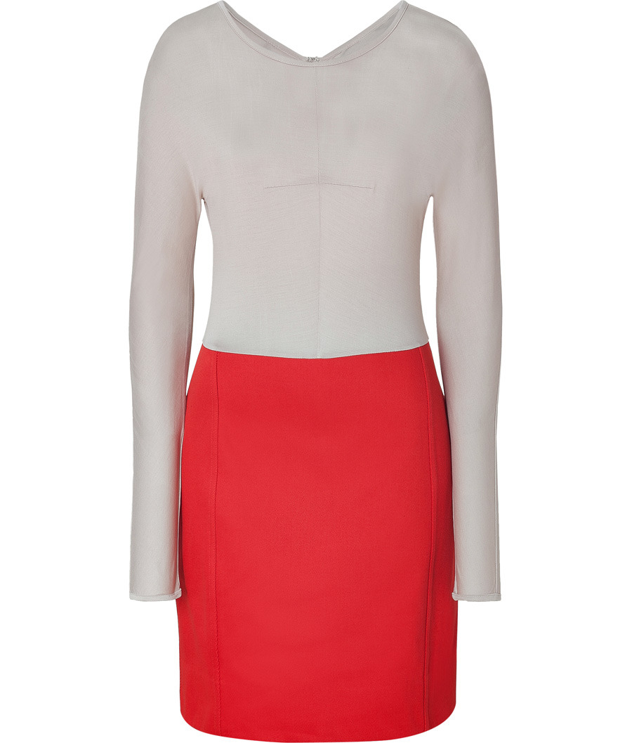 Flame And Nude Claude Twill Knit Dress - style: shift; length: mid thigh; neckline: round neck; fit: tailored/fitted; pattern: plain, two-tone; waist detail: fitted waist; hip detail: fitted at hip; predominant colour: true red; occasions: evening, occasion; fibres: silk - mix; material texture: jersey; sleeve length: long sleeve; sleeve style: standard; pattern type: fabric; pattern size: standard; texture group: jersey - stretchy/drapey