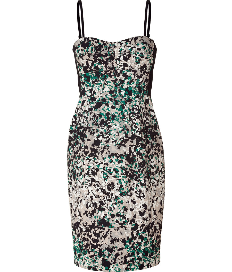 Malachite Printed Dress - style: shift; sleeve style: spaghetti straps; fit: tailored/fitted; waist detail: fitted waist; neckline: sweetheart; back detail: low cut/open back, contrast pattern/fabric at back; hip detail: fitted at hip; pattern: abstract, patterned/print; occasions: casual, evening; length: just above the knee; fibres: cotton - stretch; material texture: sateen; predominant colour: multicoloured; trends: prints; sleeve length: sleeveless; texture group: structured shiny - satin/tafetta/silk etc.; pattern type: fabric; pattern size: standard