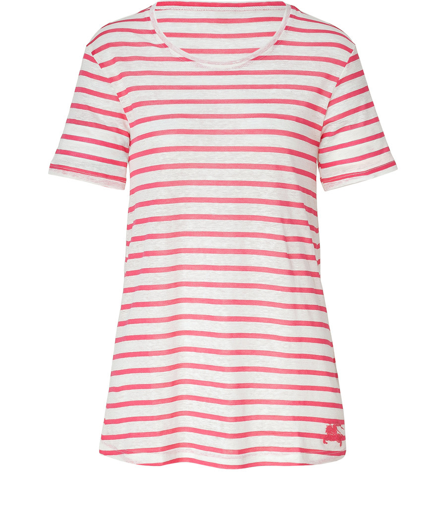 Sweet Pink And White Striped Tee - neckline: round neck; pattern: striped; style: t-shirt; predominant colour: pink; occasions: casual; length: standard; fibres: polyester/polyamide - stretch; material texture: jersey; fit: body skimming; sleeve length: short sleeve; sleeve style: standard; pattern type: fabric; pattern size: standard; texture group: jersey - stretchy/drapey