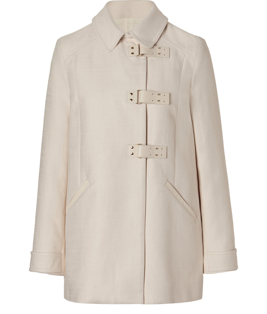 Ivory Woven Coat - pattern: plain; length: below the bottom; hip detail: side pockets at hip; style: single breasted; collar: high neck; predominant colour: ivory; occasions: casual, occasion; fit: straight cut (boxy); fibres: cotton - mix; material texture: taffeta; sleeve length: long sleeve; sleeve style: standard; texture group: structured shiny - satin/tafetta/silk etc.; collar break: high; pattern type: fabric; pattern size: standard