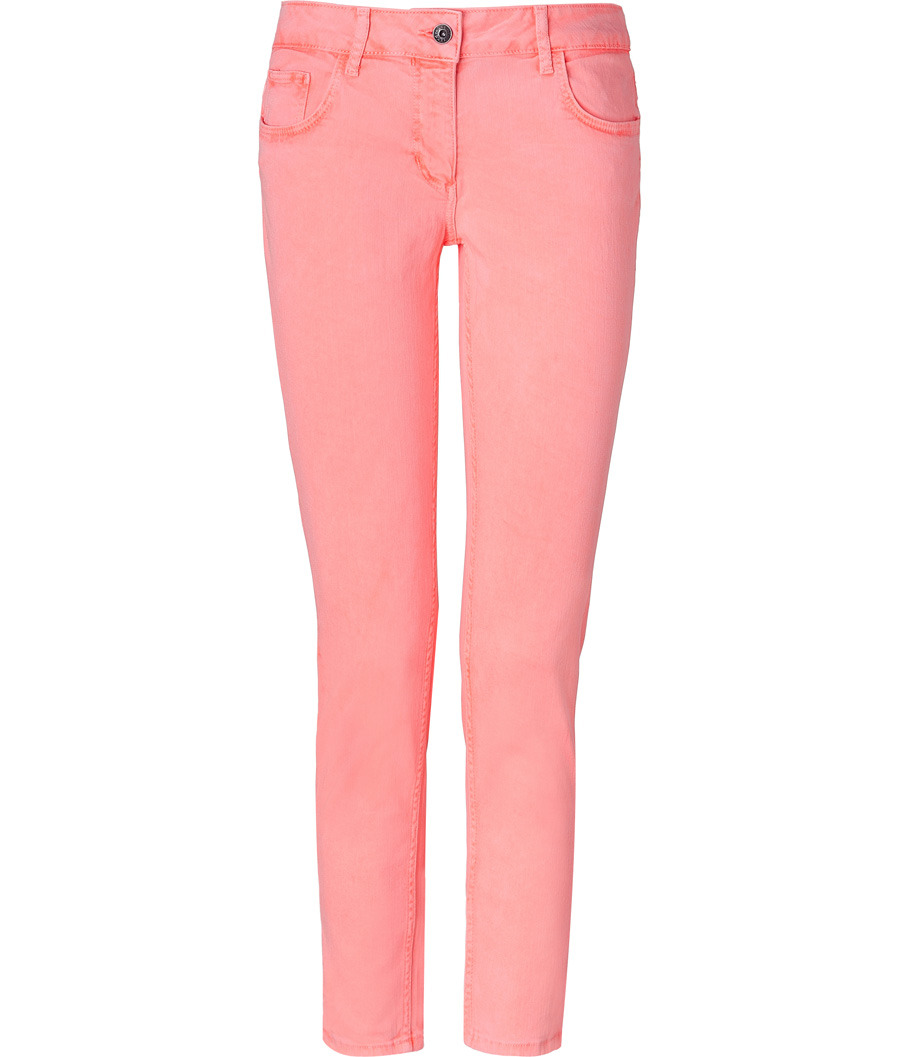 Neon Orange Skinny Pants - waist: low rise; pocket detail: traditional 5 pocket; predominant colour: pink; occasions: casual; length: ankle length; fibres: cotton - stretch; material texture: denim; trends: brights; texture group: denim; fit: skinny/tight leg; style: standard