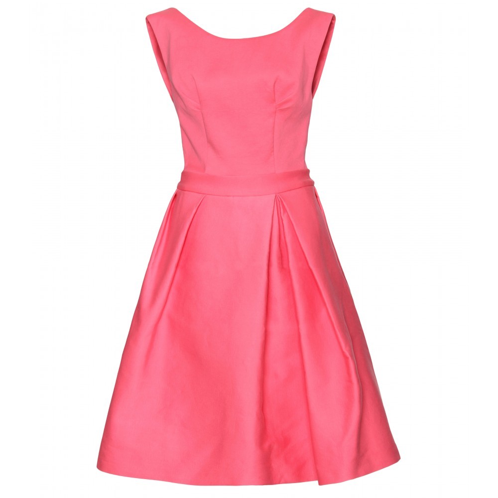 Structured Twill Woven Dress - neckline: slash/boat neckline; fit: fitted at waist; pattern: plain; sleeve style: sleeveless; style: full skirt; waist detail: fitted waist, structured pleats at waist, narrow waistband; back detail: low cut/open back; predominant colour: pink; occasions: casual, evening, occasion; length: just above the knee; fibres: cotton - mix; material texture: taffeta; hip detail: structured pleats at hip; trends: pastels, 1950's, brights; sleeve length: sleeveless; texture group: structured shiny - satin/tafetta/silk etc.; pattern type: fabric; pattern size: standard