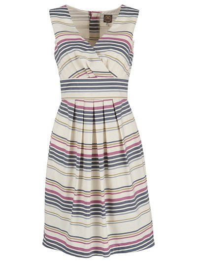 Sylvia Striped Dress, Multi - style: a-line; neckline: v-neck; fit: fitted at waist; pattern: horizontal stripes, striped; sleeve style: sleeveless; waist detail: fitted waist, wide waistband/cummerbund, structured pleats at waist; bust detail: ruching/gathering/draping/layers/pintuck pleats at bust; occasions: casual, work, occasion; length: just above the knee; fibres: cotton - 100%; material texture: satin; hip detail: structured pleats at hip; predominant colour: multicoloured; trends: prints; sleeve length: sleeveless; texture group: structured shiny - satin/tafetta/silk etc.; pattern type: fabric; pattern size: standard