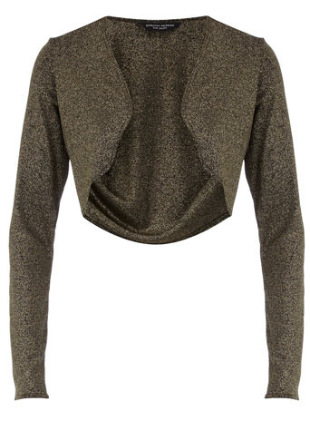 Gold Lurex Bolero - pattern: metallic; style: bolero/shrug; length: cropped; fit: slim fit; collar: standard lapel/rever collar; predominant colour: gold; occasions: casual; fibres: polyester/polyamide - stretch; material texture: metallic; sleeve length: long sleeve; sleeve style: standard; collar break: low/open; pattern type: fabric; pattern size: standard
