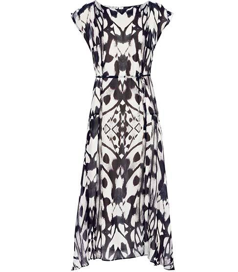 Athena Geometric Print Dress - length: calf length; neckline: round neck; sleeve style: capped; fit: loose; pattern: print, monochrome, patterned/print; waist detail: belted waist/tie at waist/drawstring; predominant colour: white; style: asymmetric (hem); fibres: silk - 100%; material texture: chiffon; occasions: occasion; trends: prints; sleeve length: short sleeve; texture group: sheer fabrics/chiffon/organza etc.; pattern type: fabric; pattern size: standard