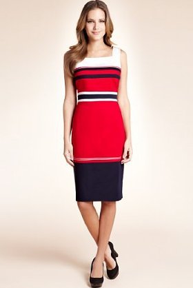 Cotton Rich Striped Shift Dress - style: shift; neckline: high square neck; fit: tailored/fitted; pattern: horizontal stripes, striped; sleeve style: sleeveless; waist detail: fitted waist; hip detail: fitted at hip; predominant colour: true red; occasions: evening, work; length: on the knee; fibres: cotton - stretch; material texture: jersey; sleeve length: sleeveless; pattern type: fabric; pattern size: standard; texture group: jersey - stretchy/drapey