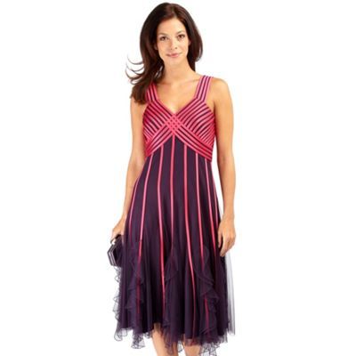Black Tulip Ribbon Dress - style: shift; length: below the knee; neckline: v-neck; fit: empire; pattern: horizontal stripes, vertical stripes, print, two-tone, patterned/print; sleeve style: sleeveless; bust detail: added detail/embellishment at bust; waist detail: fitted waist, embellishment at waist/feature waistband; occasions: evening, occasion; fibres: nylon - 100%; material texture: chiffon; hip detail: ruching/gathering at hip, soft pleats at hip/draping at hip/flared at hip; predominant colour: multicoloured; trends: prints, brights; sleeve length: sleeveless; texture group: sheer fabrics/chiffon/organza etc.; pattern type: fabric; pattern size: standard
