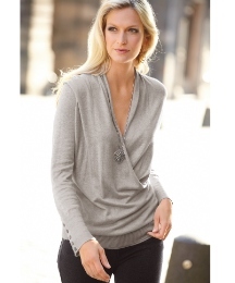 Knitted Wrapover Top - neckline: low v-neck; pattern: plain; style: wrap/faux wrap; predominant colour: light grey; occasions: casual; length: standard; fibres: polyester/polyamide - 100%; material texture: jersey; fit: body skimming; hip detail: soft pleats at hip/draping at hip/flared at hip; sleeve length: long sleeve; sleeve style: standard; pattern type: fabric; pattern size: standard; texture group: jersey - stretchy/drapey