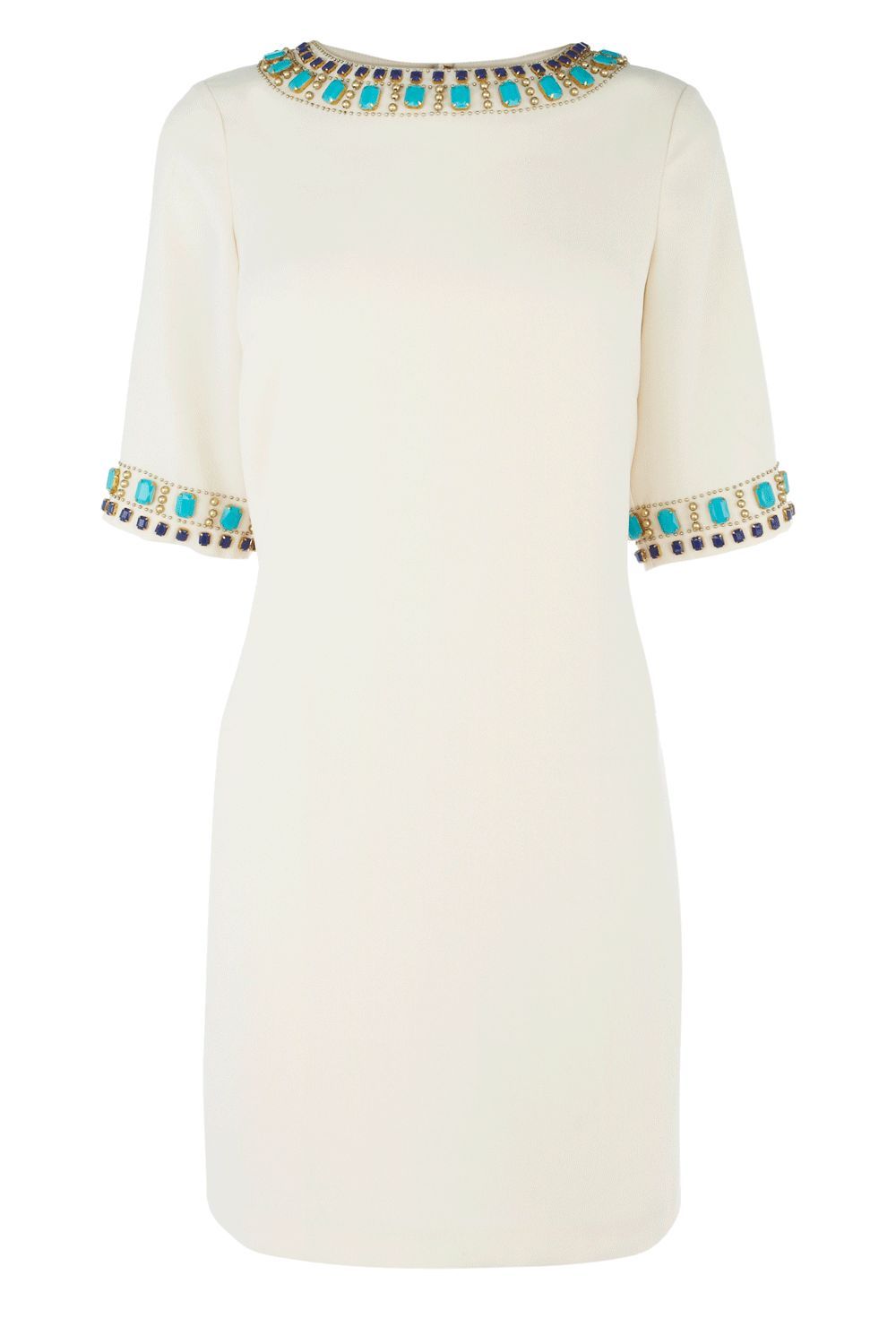 Women's Embellished Cuff Shift Dress, Cream - style: shift; neckline: round neck; fit: fitted at waist; pattern: plain; bust detail: added detail/embellishment at bust; predominant colour: ivory; occasions: casual, occasion; length: just above the knee; fibres: polyester/polyamide - 100%; material texture: chiffon; sleeve length: half sleeve; sleeve style: standard; texture group: sheer fabrics/chiffon/organza etc.; pattern type: fabric; embellishment: beading