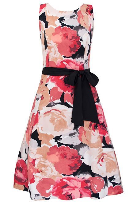 Women's Mabel Prom Dress, Red - neckline: round neck; pattern: floral - busy, florals; sleeve style: sleeveless; style: prom dress; waist detail: fitted waist, belted waist/tie at waist/drawstring; predominant colour: pink; occasions: evening, occasion; length: just above the knee; fit: body skimming; fibres: polyester/polyamide - 100%; material texture: sateen; trends: prints; sleeve length: sleeveless; texture group: structured shiny - satin/tafetta/silk etc.; pattern type: fabric; pattern size: small & busy
