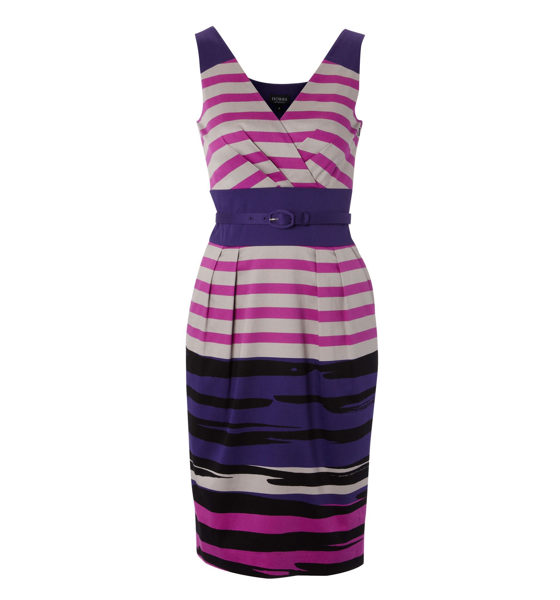 Women's Jewel Dress, Multi Coloured - style: shift; neckline: v-neck; fit: fitted at waist; pattern: horizontal stripes; sleeve style: sleeveless; waist detail: fitted waist, belted waist/tie at waist/drawstring; bust detail: ruching/gathering/draping/layers/pintuck pleats at bust; occasions: work; length: on the knee; fibres: cotton - stretch; material texture: jersey; hip detail: structured pleats at hip; predominant colour: multicoloured; trends: prints; sleeve length: sleeveless; pattern type: fabric; pattern size: standard; texture group: jersey - stretchy/drapey