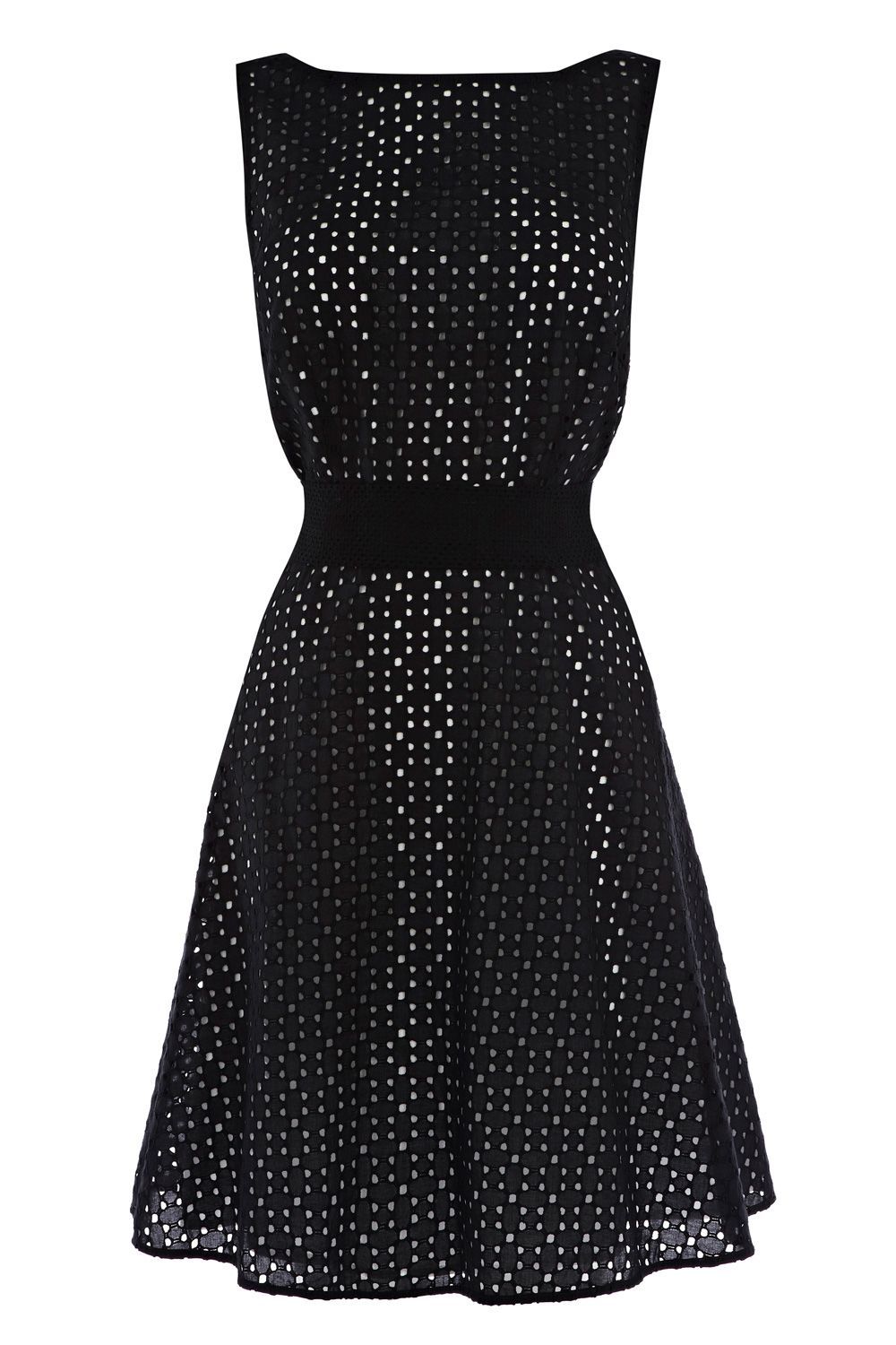 Women's Lopez Broderie Dress, Black - style: shift; neckline: slash/boat neckline; fit: fitted at waist; pattern: plain, lightly patterned, lace, patterned/print; sleeve style: sleeveless; waist detail: fitted waist, wide waistband/cummerbund, narrow waistband; predominant colour: black; occasions: evening, occasion; length: just above the knee; fibres: cotton - 100%; material texture: lace; hip detail: structured pleats at hip; sleeve length: sleeveless; texture group: lace; pattern type: fabric; pattern size: small & light