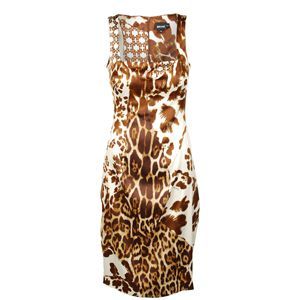 Satin Leopard Patchwork Fit Dress - style: shift; fit: tight; sleeve style: sleeveless; waist detail: fitted waist; pattern: big animal print, animal print; hip detail: fitted at hip; predominant colour: bronze; occasions: casual, evening, occasion; length: on the knee; neckline: scoop; fibres: polyester/polyamide - stretch; material texture: sateen; trends: prints; sleeve length: sleeveless; texture group: structured shiny - satin/tafetta/silk etc.; pattern type: fabric; pattern size: big & busy