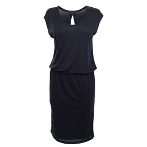 Jersey Elastic Waist Dress - style: shift; neckline: round neck; pattern: plain; waist detail: drop waist, twist front waist detail/nipped in at waist on one side/soft pleats/draping/ruching/gathering waist detail; predominant colour: black; occasions: casual, evening, work; length: just above the knee; fit: body skimming; fibres: polyester/polyamide - 100%; material texture: jersey; back detail: keyhole/peephole detail at back; sleeve length: short sleeve; sleeve style: standard; pattern type: fabric; pattern size: standard; texture group: jersey - stretchy/drapey