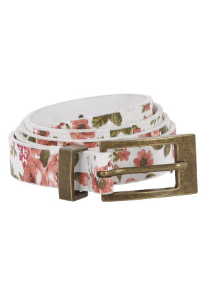 Rose Print Skinny Belt - predominant colour: multicoloured; type of pattern: light; style: classic; size: skinny; worn on: hips; material: faux leather; pattern: florals