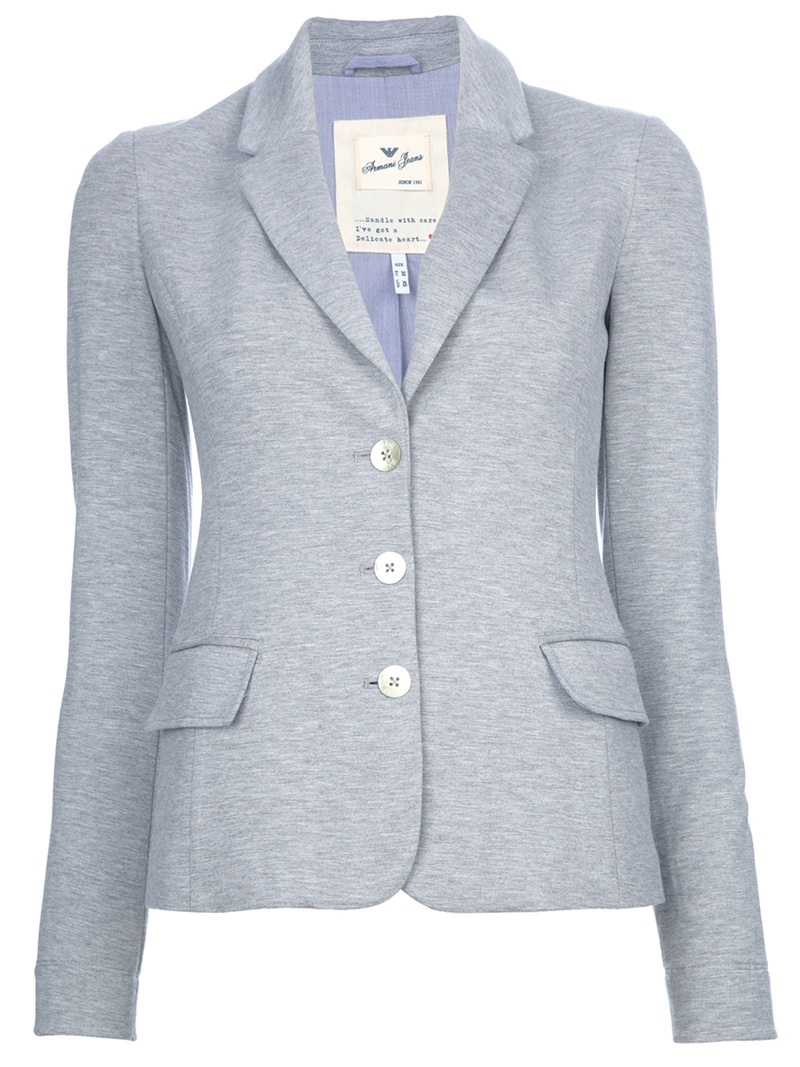 Suit Jacket - pattern: plain; style: single breasted blazer; shoulder detail: shoulder pads; hip detail: front pockets at hip; collar: standard lapel/rever collar; predominant colour: light grey; occasions: casual, work; length: standard; fit: tailored/fitted; fibres: cotton - stretch; material texture: jersey; waist detail: fitted waist; sleeve length: long sleeve; sleeve style: standard; pattern type: fabric; pattern size: standard; texture group: jersey - stretchy/drapey