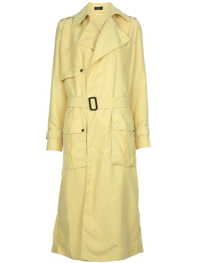 Trench Coat - pattern: plain; shoulder detail: obvious epaulette; style: trench coat; hip detail: front pockets at hip; fit: slim fit; collar: standard lapel/rever collar; predominant colour: primrose yellow; occasions: casual; fibres: silk - 100%; material texture: calico; length: below the knee; waist detail: belted waist/tie at waist/drawstring; sleeve length: long sleeve; sleeve style: standard; texture group: cotton feel fabrics; pattern type: fabric; pattern size: standard