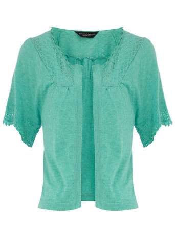 Turquoise Pointelle Shrug - style: bolero/shrug; length: cropped; neckline: collarless open; predominant colour: turquoise; occasions: casual; fibres: cotton - 100%; material texture: lace; fit: standard fit; trends: pastels, aquatic; sleeve length: half sleeve; sleeve style: standard; texture group: lace; pattern type: knitted - other; pattern size: small & light; embellishment: embroidered