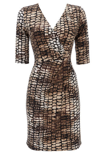 Animal Print Jersey Wrap Dress - style: faux wrap/wrap; neckline: v-neck; fit: tight; pattern: print, big animal print, abstract, animal print, patterned/print; waist detail: fitted waist, twist front waist detail/nipped in at waist on one side/soft pleats/draping/ruching/gathering waist detail; hip detail: fitted at hip; occasions: casual, evening, work; length: just above the knee; fibres: polyester/polyamide - stretch; material texture: jersey; predominant colour: multicoloured; trends: prints; sleeve length: half sleeve; sleeve style: standard; pattern type: fabric; pattern size: big & busy; texture group: jersey - stretchy/drapey