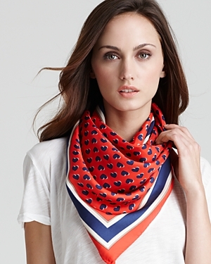 Light Hearted Silk Twill Scarf - predominant colour: true red; type of pattern: heavy; style: square; size: standard; material: silk; pattern: graphic print, horizontal stripes, picture design, patterned/print