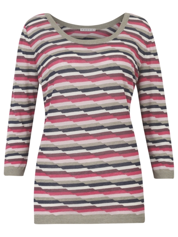 Offset Striped Sweater, Pink - neckline: scoop neck; pattern: horizontal stripes, print, striped, patterned/print; style: standard; predominant colour: hot pink; occasions: casual; length: standard; fibres: polyester/polyamide - stretch; material texture: denim; fit: standard fit; waist detail: fitted waist; trends: prints; sleeve length: 3/4 length; sleeve style: standard; texture group: denim; pattern type: knitted - other; pattern size: standard