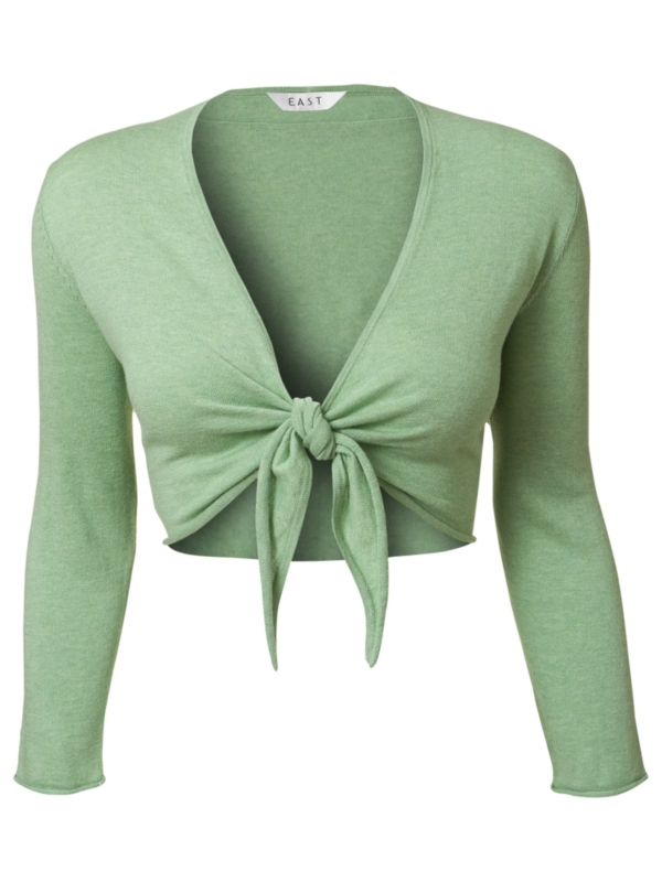 Tie Front Shrug, Apple - neckline: low v-neck; pattern: plain; style: bolero/shrug; length: cropped; predominant colour: pistachio; occasions: casual; fibres: cotton - 100%; material texture: calico; fit: slim fit; waist detail: belted waist/tie at waist/drawstring; trends: pastels; sleeve length: 3/4 length; sleeve style: standard; texture group: cotton feel fabrics; pattern type: knitted - other; pattern size: standard