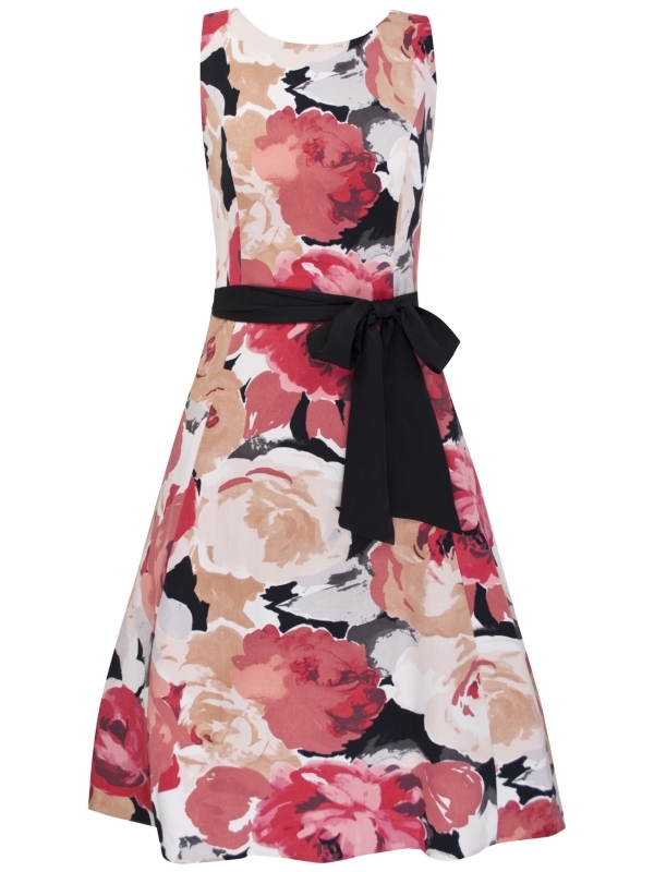 Mabel Prom Dress, Red Multi - neckline: round neck; pattern: heavily patterned, patterned/print; sleeve style: sleeveless; style: prom dress; waist detail: fitted waist, belted waist/tie at waist/drawstring; predominant colour: pink; occasions: evening, occasion; length: just above the knee; fit: body skimming; fibres: cotton - stretch; material texture: jersey stretch; trends: prints; sleeve length: sleeveless; texture group: jersey - clingy; pattern type: fabric; pattern size: big & busy