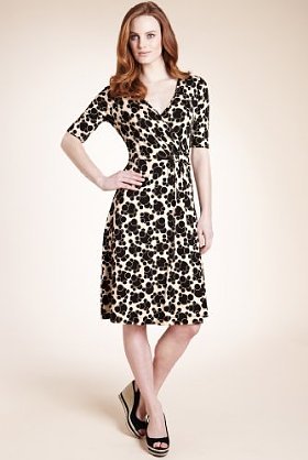 Crossover V Neck Bubble Print Wrap Jersey Dress - style: faux wrap/wrap; neckline: low v-neck; pattern: heavily patterned, patterned/print; waist detail: fitted waist; predominant colour: black; occasions: casual; length: on the knee; fit: body skimming; fibres: polyester/polyamide - stretch; material texture: jersey; trends: prints; sleeve length: 3/4 length; sleeve style: standard; pattern type: fabric; pattern size: big & busy; texture group: jersey - stretchy/drapey