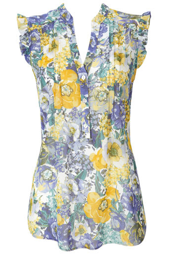 Yellow Frill Sleeveless Blouse - neckline: v-neck; pattern: floral - busy, florals; waist detail: fitted waist; shoulder detail: tiers/frills/ruffles; style: blouse; bust detail: ruching/gathering/draping/layers/pintuck pleats at bust, buttons at bust (in middle at breastbone)/zip detail at bust; sleeve style: volant; predominant colour: primrose yellow; occasions: casual, work; length: standard; fibres: polyester/polyamide - 100%; material texture: chiffon; fit: body skimming; hip detail: slits at hip; trends: pastels, prints; texture group: sheer fabrics/chiffon/organza etc.; pattern type: fabric; pattern size: small & busy